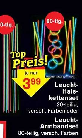 Leucht-Halskettenset 20-teilig und Leucht-Armbandset 80-teilig, verschiedene Farben