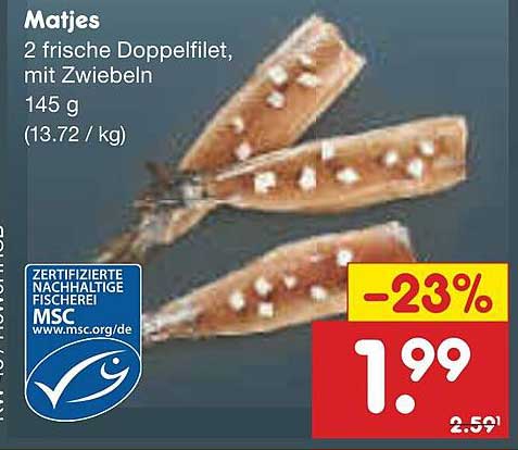 Matjes 2 frische Doppelfilet, mit Zwiebeln 145 g