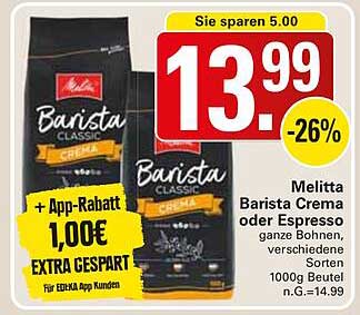 Melitta Barista Crema oder Espresso 1000g Beutel - Nur 13,99 €