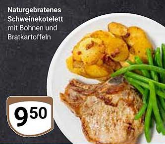 Naturgebratenes Schweinekotelett mit Bohnen und Bratkartoffeln