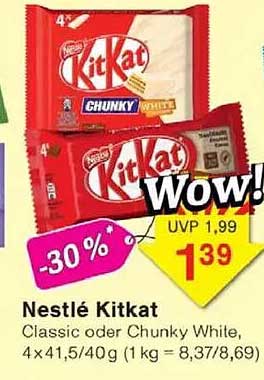 Nestlé Kitkat 4er-Pack Classic oder Chunky White, 41,5 g