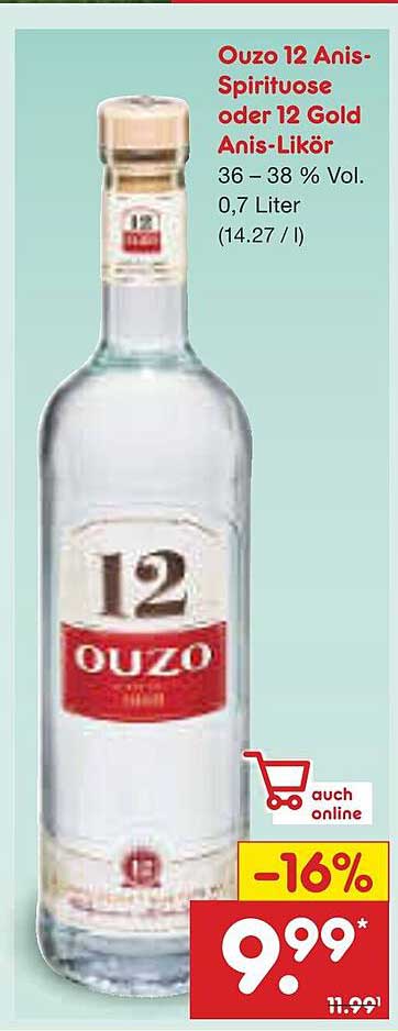 Ouzo 12 Anis-Spirituose oder 12 Gold Anis-Likör 0,7 Liter