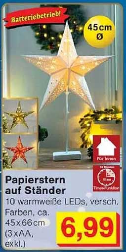 Papierstern auf Ständer - 10 warmweiße LEDs, verschiedene Farben