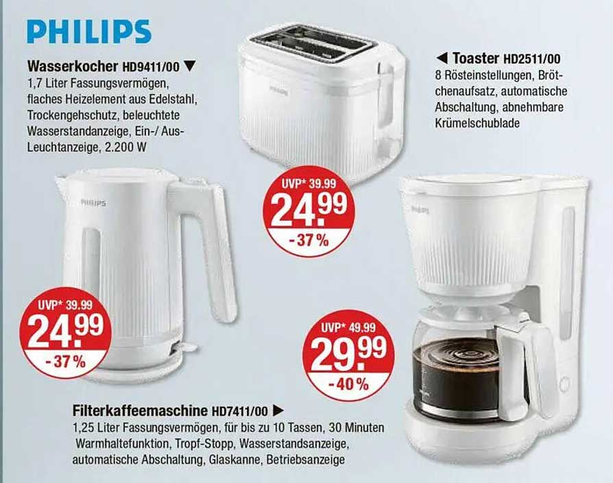 PHILIPS Wasserkocher HD9411/00, Toaster HD2511/00 und Filterkaffeemaschine HD7411/00 im V-Markt-Prospekt
