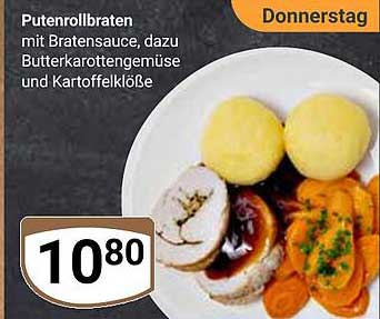 Puttenrollbraten mit Bratensauce, dazu Butterkarottengemüse und Kartoffelklöße