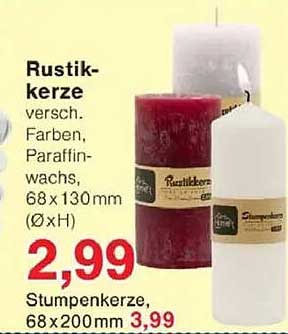 Rustikerkerze – Verschiedene Farben, Paraffinwachs, 68 x 130 mm