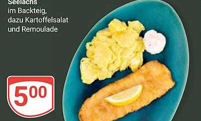 Seelachs im Backteig, dazu Kartoffelsalat und Remoulade