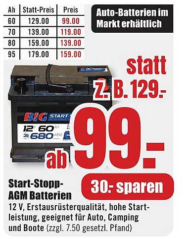 Start-Stopp-AGM Batterien im Angebot – ab 99,00 €