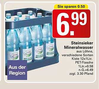 Steinsieker Mineralwasser aus Löhne, verschiedene Sorten, Kiste 12x1L