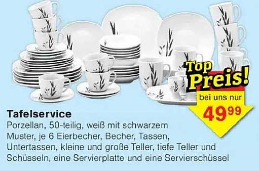 Tafelservice 50-teilig, Porzellan, weiß mit schwarzem Muster