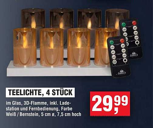 TEELICHTE, 4 STÜCK im Glas mit 3D-Flamme, inkl. Ladestation und Fernbedienung