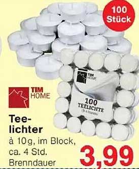 Teelichter à 10g, im Block, ca. 4 Std. Brenndauer - 100 Stück