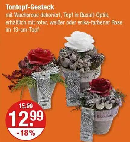 Tontopf-Gesteck mit Wachrose dekoriert