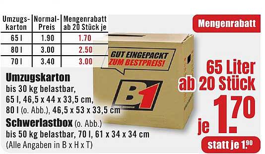 Umzugskarton 65 Liter ab 20 Stück für nur 1,70 € je statt 1,90 €