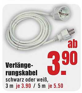 Verlängerungskabel schwarz oder weiß, 3 m je 3,90 / 5 m je 5,50