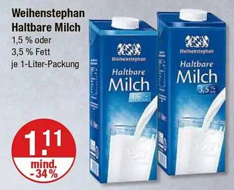 Weihenstephan Haltbare Milch 1,5 % oder 3,5 % Fett je 1-Liter-Packung