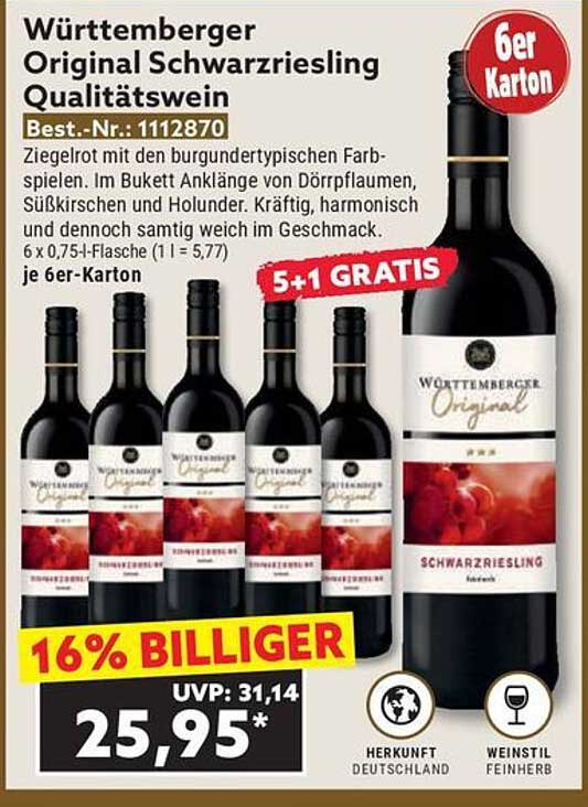 Württembergischer Original Schwarzriesling Qualitätswein – 6er Karton
