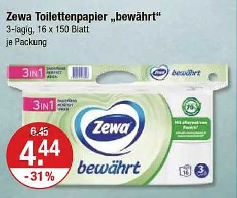 Zewa Toilettenpapier „bewährt“ 3-lagig, 16 x 150 Blatt je Packung