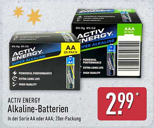 ACTIV ENERGY Alkaline-Batterien in der Sorte AA oder AAA; 20er-Packung