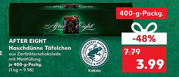 AFTER EIGHT Hauchdünne Täfelchen aus Zartbitterschokolade mit Minzfüllung je 400-g-Pack.