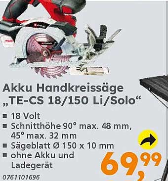 Akku Handkreissäge „TE-CS 18/150 Li/Solo“