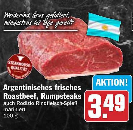 Argentinisches frisches Roastbeef, Rumpsteaks auch Rodizio Rindfleisch-Spieß mariniert 100 g