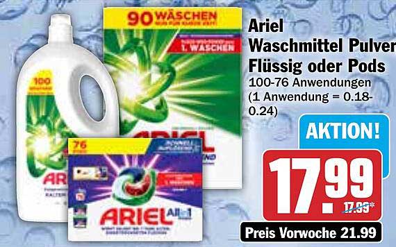 Ariel Waschmittel Pulver, Flüssig oder Pods - 100-76 Anwendungen