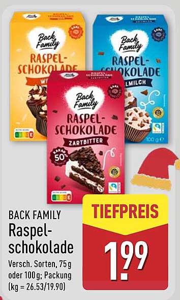 BACK FAMILY Raspelschokolade, verschiedene Sorten, 75 g oder 100 g