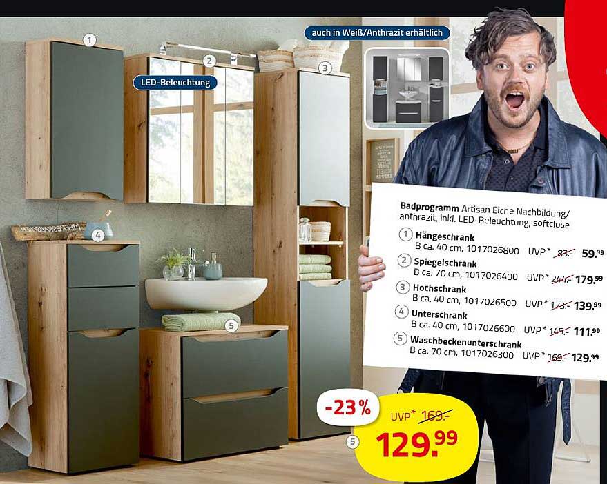 Badprogramm Artisan Eiche Nachbildung anthrazit, inkl. LED-Beleuchtung, softclose