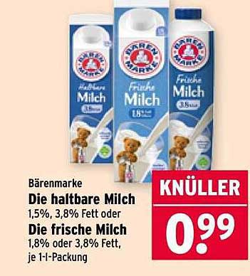 Bärenmarke Die haltbare Milch 1,5%, 3,8% Fett oder Die frische Milch 1,8% oder 3,8% Fett, je 1l-Packung