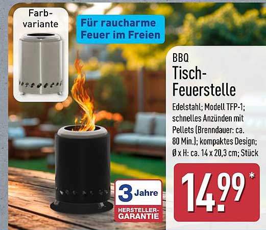 BBQ Tisch-Feuerstelle Edelstahl; Modell TFP-1; 3 Jahre Herstellergarantie; Stück 14,99