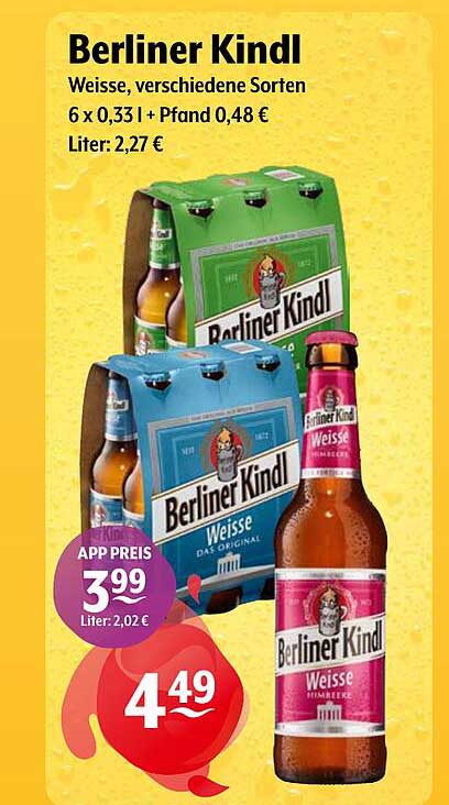 Berliner Kindl, Weisse, verschiedene Sorten 6 x 0,33 l + Pfand 0,48 €