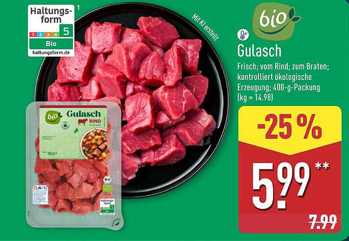 bio Gulasch Rind, 400-g-Packung
