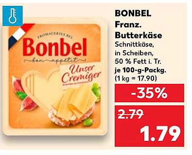 BONBEL Franz. Butterkäse Schnittkäse, in Scheiben, 50 % Fett i. Tr. je 100-g-Packg.
