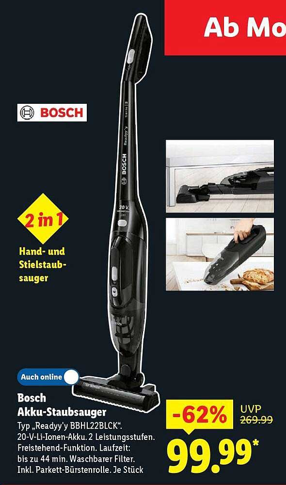Bosch Akku-Staubsauger Typ „Ready'y“ BBHL22BLCK - 2 in 1 Hand- und Stielstaubsauger