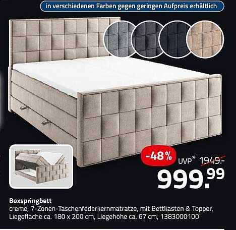 Boxspringbett creme, 7-Zonen-Taschenfederkernmatratze mit Bettkasten & Topper, Liegefläche ca. 180 x 200 cm, Liegehöhe ca. 67 cm