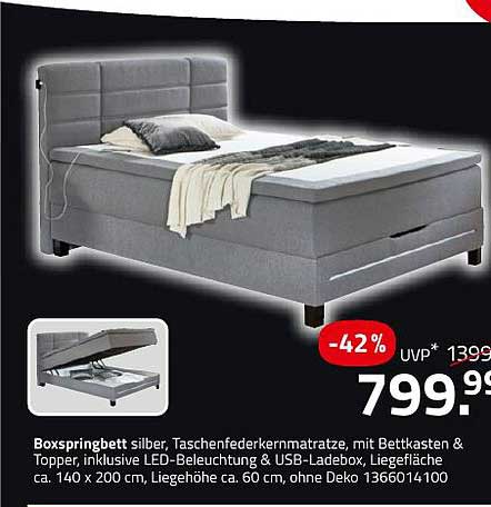 Boxspringbett silber, Taschenfedernkernmatratze, mit Bettkasten & Topper, inklusive LED-Beleuchtung & USB-Ladebox