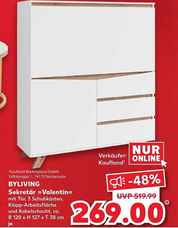 BYLIVING Sekretär »Valentin« mit Tür, 3 Schubkästen, Klapp-Arbeitsfläche und Kabelschacht, ca. B 120 x H 127 x T 38 cm