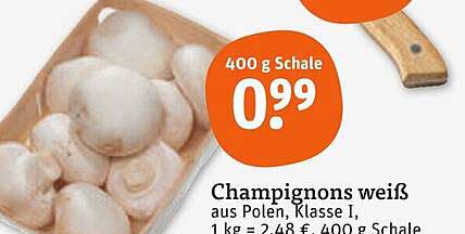 Champignons weiß aus Polen, Klasse I, 400 g Schale