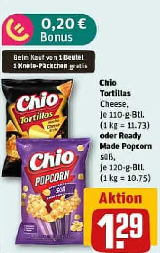 Chio Tortillas Cheese oder Ready Made Popcorn süß