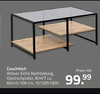 Couchtisch Artisan Eiche Nachbildung mit Glastischplatte