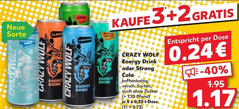 CRAZY WOLF Energy Drink oder Strong Cola – kaufe 3 + 2 gratis