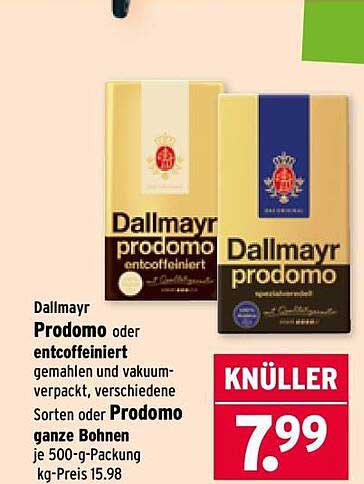Dallmayr Prodomo oder entcoffeiniert gemahlen und vakuumverpackt, verschiedene Sorten