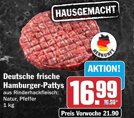 Deutsche frische Hamburger-Patties aus Rinderhackfleisch; Natur, Pfeffer 1 kg