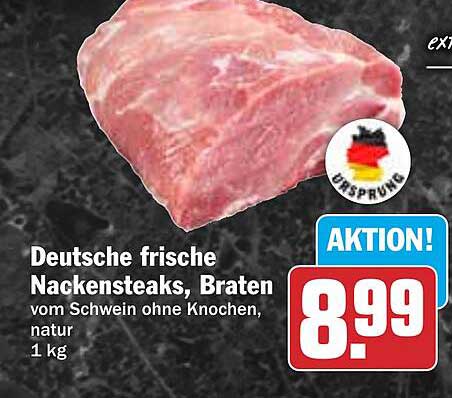 Deutsche frische Nackensteaks, Braten vom Schwein ohne Knochen, natur