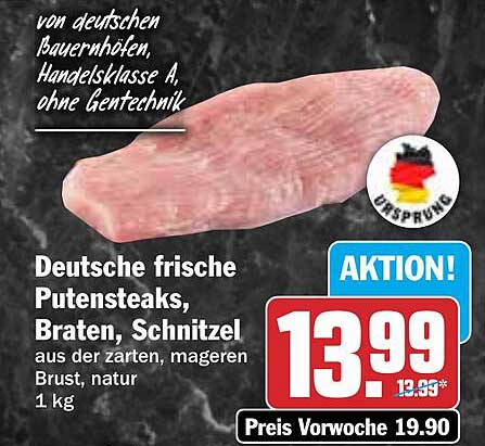 Deutsche frische Putensteaks, Braten, Schnitzel aus der zarten, mageren Brust, natur 1 kg