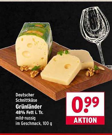 Deutscher Schnittkäse Grünländer 48% Fett i. Tr. mild-nussig im Geschmack, 100 g