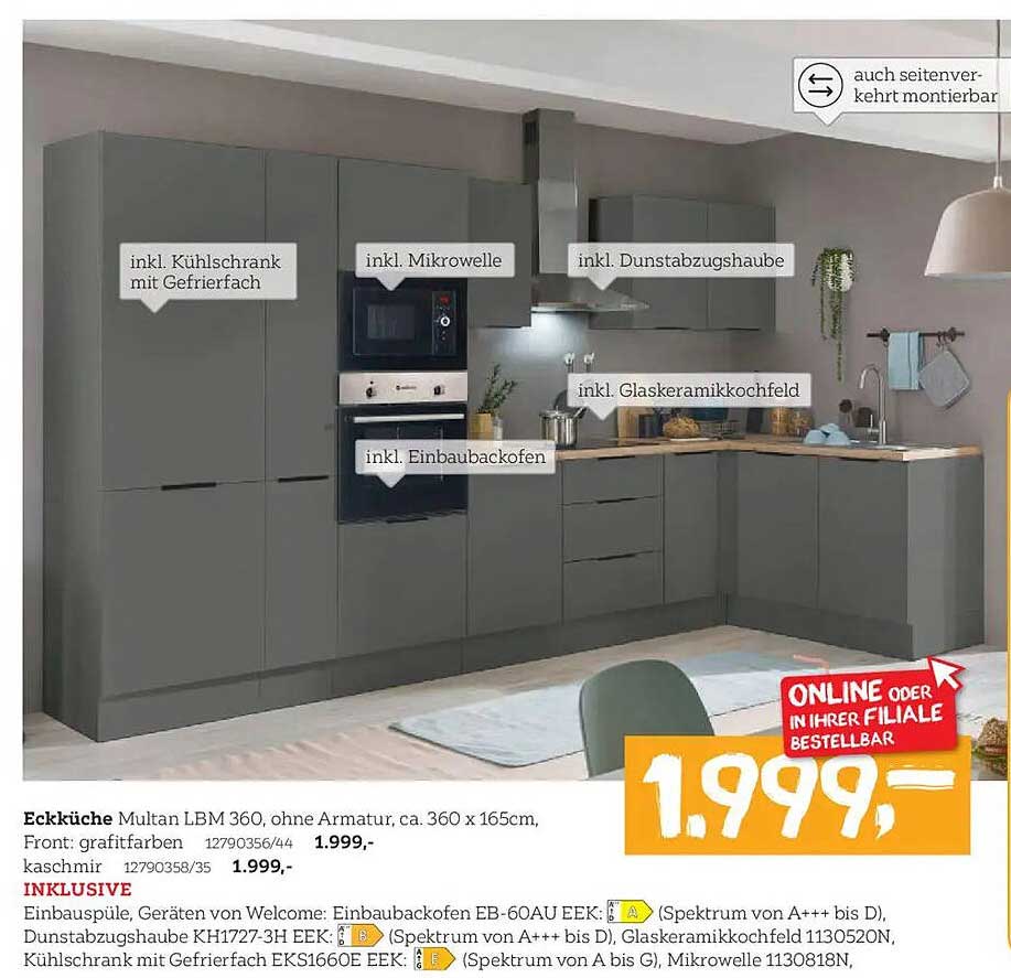 Eckküche Multan LBM 360, ohne Armatur, ca. 360 x 165cm