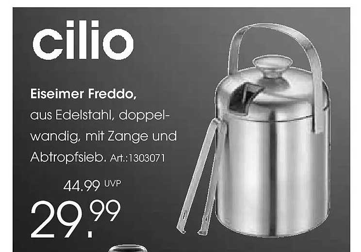 Eiseimer Freddo, aus Edelstahl, doppelwandig, mit Zange und Abtropfsieb.