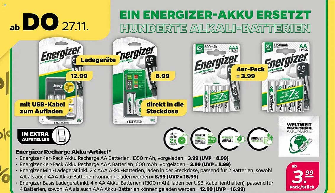 Energizer Recharge Akku 4er-Pack AA Batterien